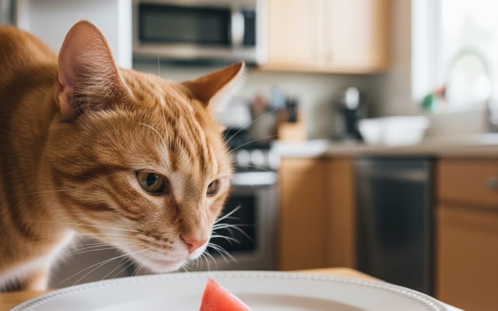 Getigerte Katze schnuppert an einem Stück Wassermelone